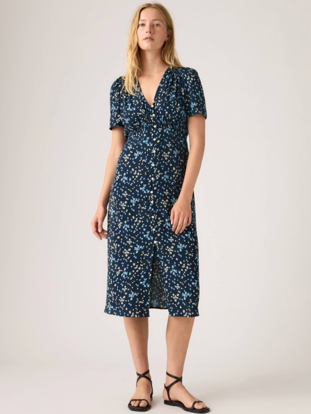 Levi's Mavis Floral Dress Navy Button-Front Midi with Puff Sleeves and Tie Back
